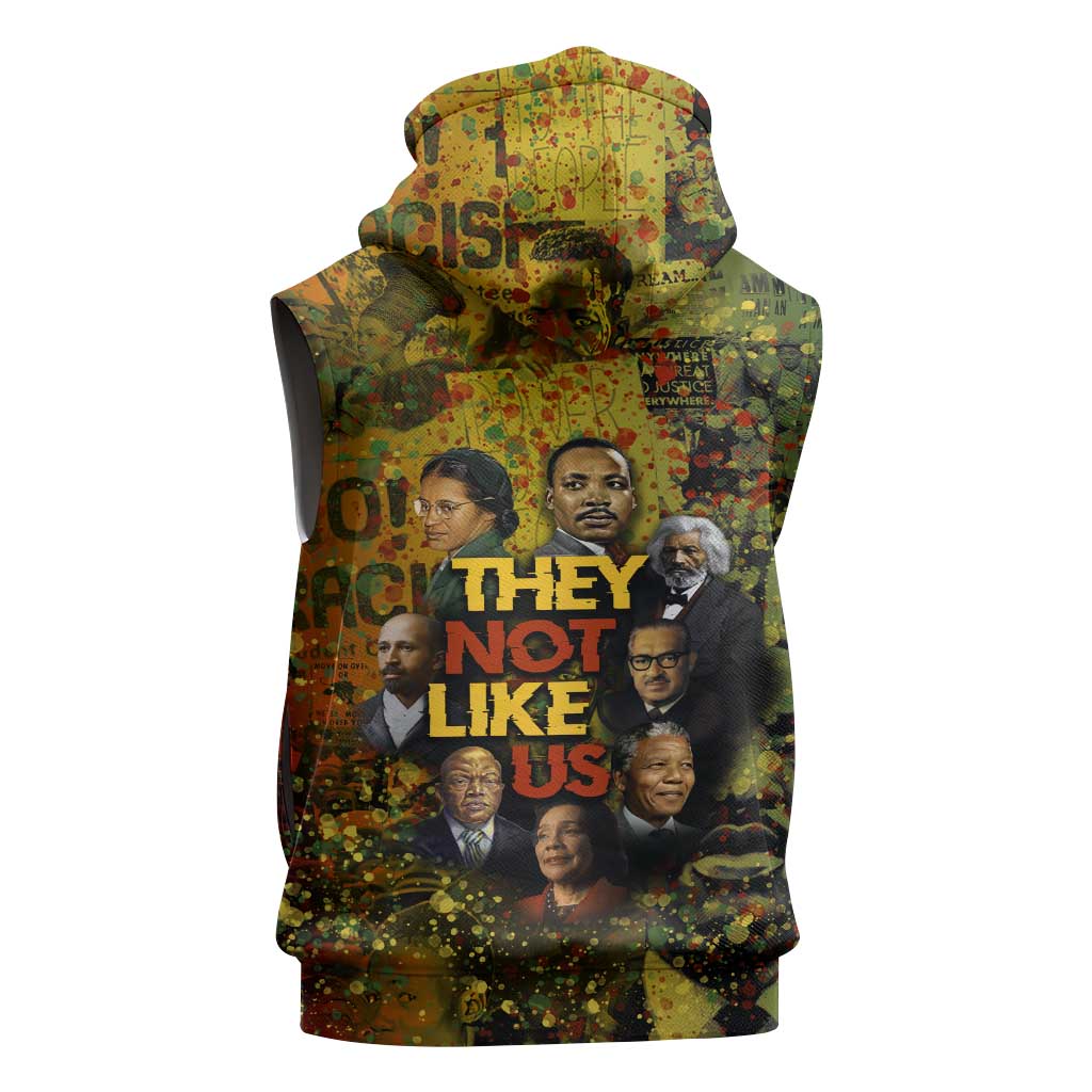 Black History Portrait Collage Sleeveless Zip Hoodie Africa Empowering They Not Like Us Quote in Grunge Paint - African Pride