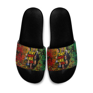 Black History Portrait Collage Slide Sandals Africa Empowering They Not Like Us Quote in Grunge Paint - African Pride