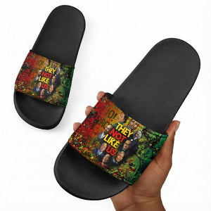 Black History Portrait Collage Slide Sandals Africa Empowering They Not Like Us Quote in Grunge Paint - African Pride
