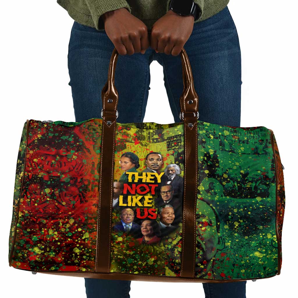 Black History Portrait Collage Travel Bag Africa Empowering They Not Like Us Quote in Grunge Paint - African Pride