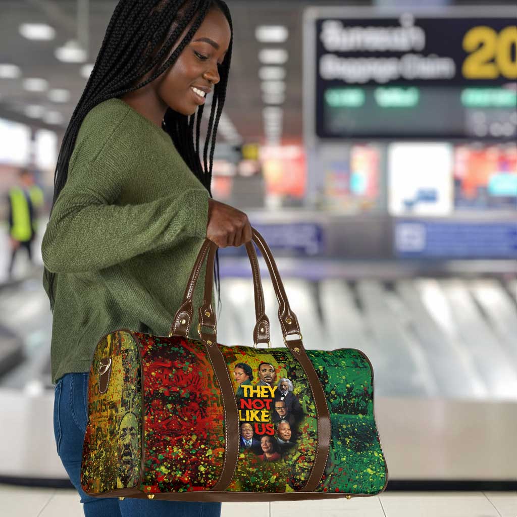 Black History Portrait Collage Travel Bag Africa Empowering They Not Like Us Quote in Grunge Paint - African Pride