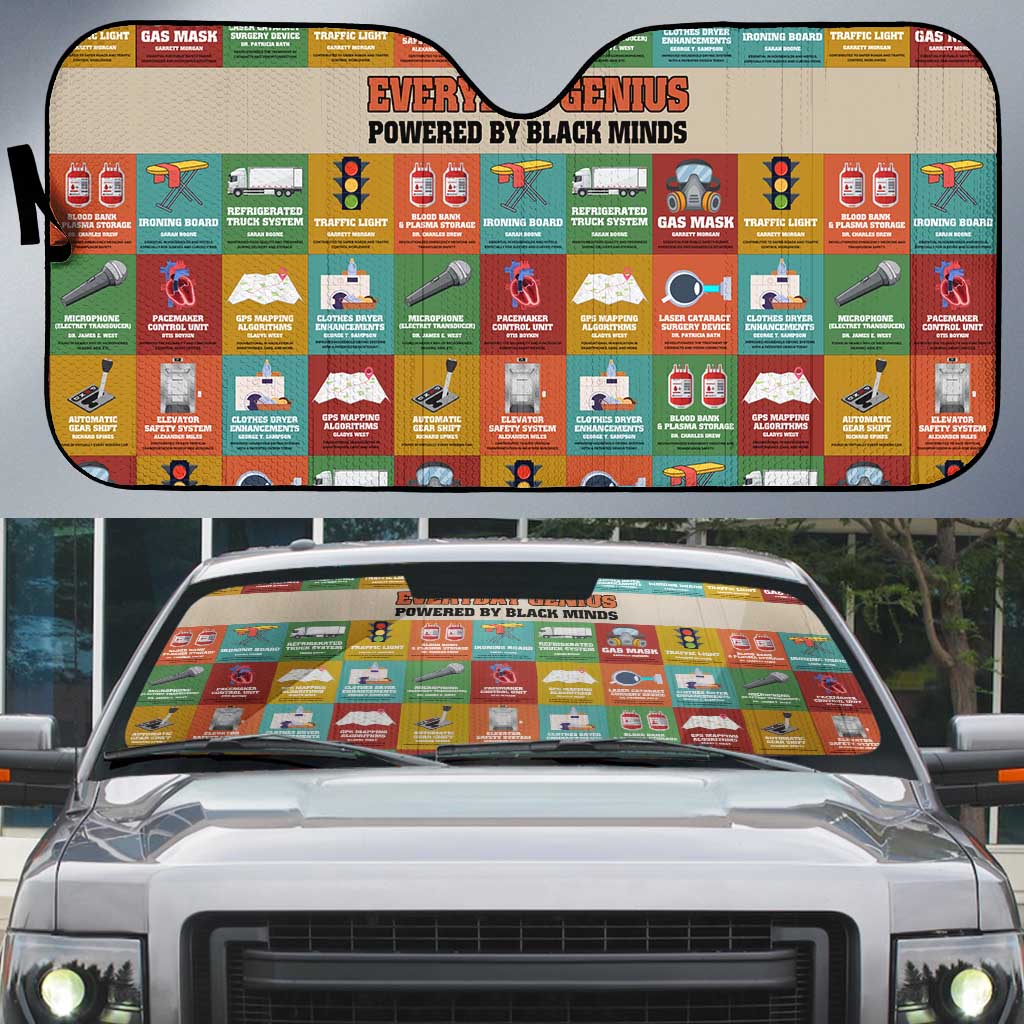 Everyday Genius Powered by Black Minds Auto Sun Shade with Colorful Invention Icons Pattern - African Pride