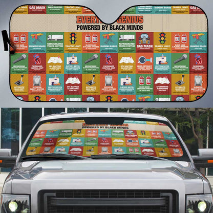 Everyday Genius Powered by Black Minds Auto Sun Shade with Colorful Invention Icons Pattern - African Pride