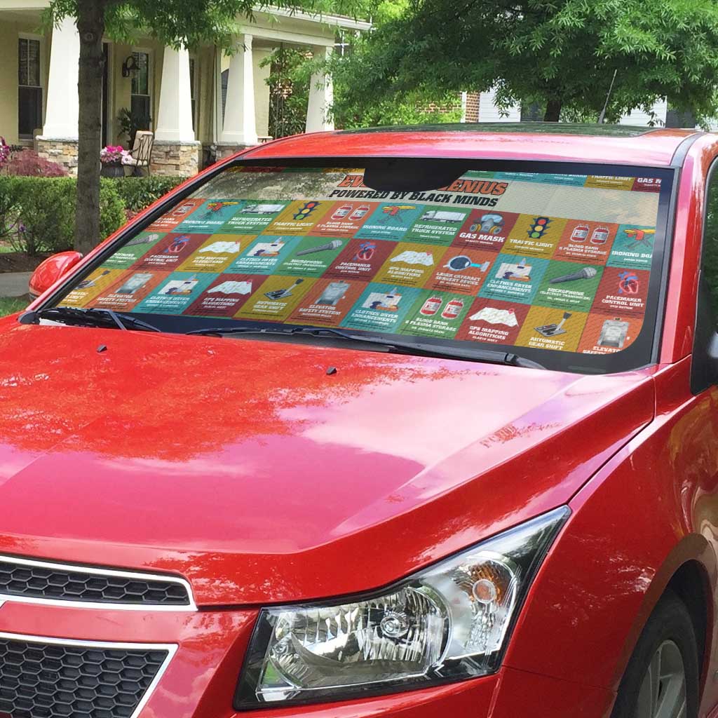 Everyday Genius Powered by Black Minds Auto Sun Shade with Colorful Invention Icons Pattern - African Pride
