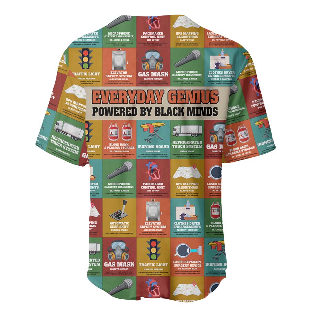 Everyday Genius Powered by Black Minds Baseball Jersey with Colorful Invention Icons Pattern - African Pride