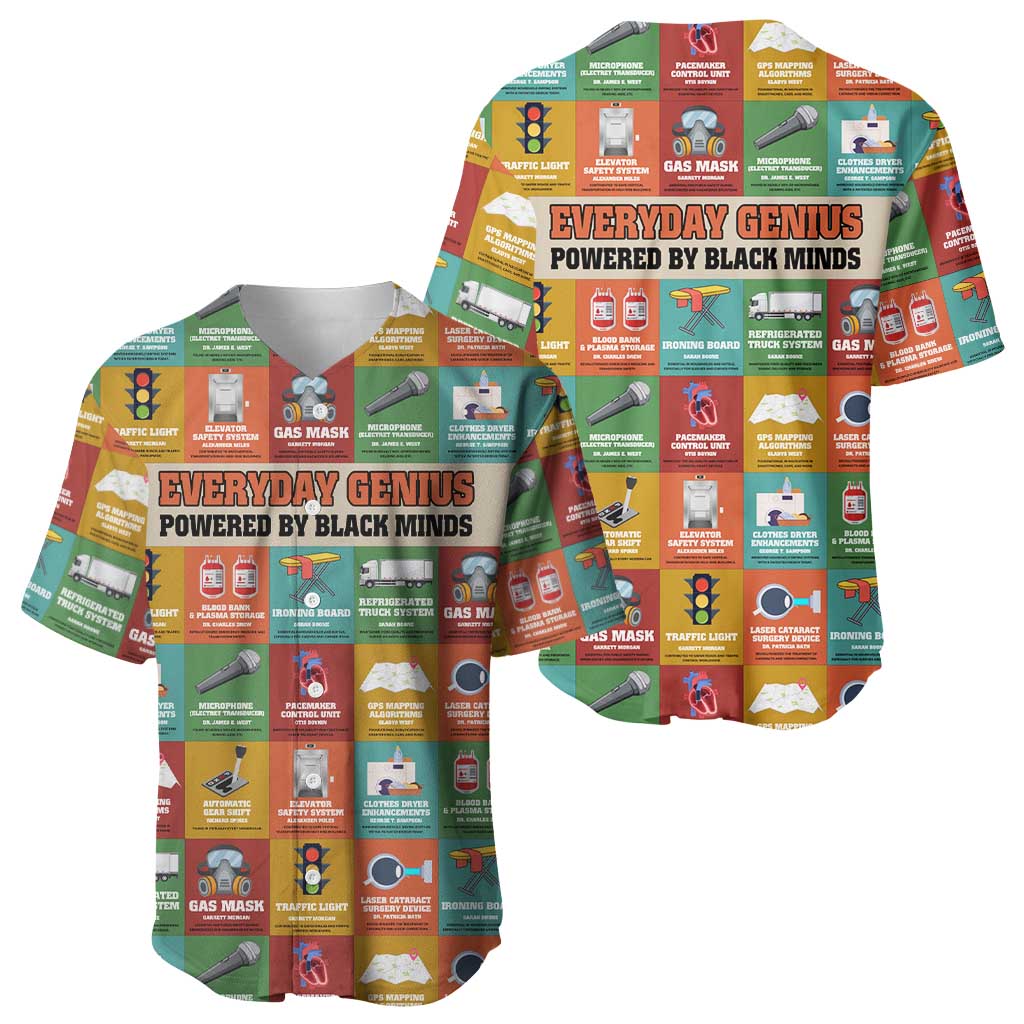 Everyday Genius Powered by Black Minds Baseball Jersey with Colorful Invention Icons Pattern - African Pride