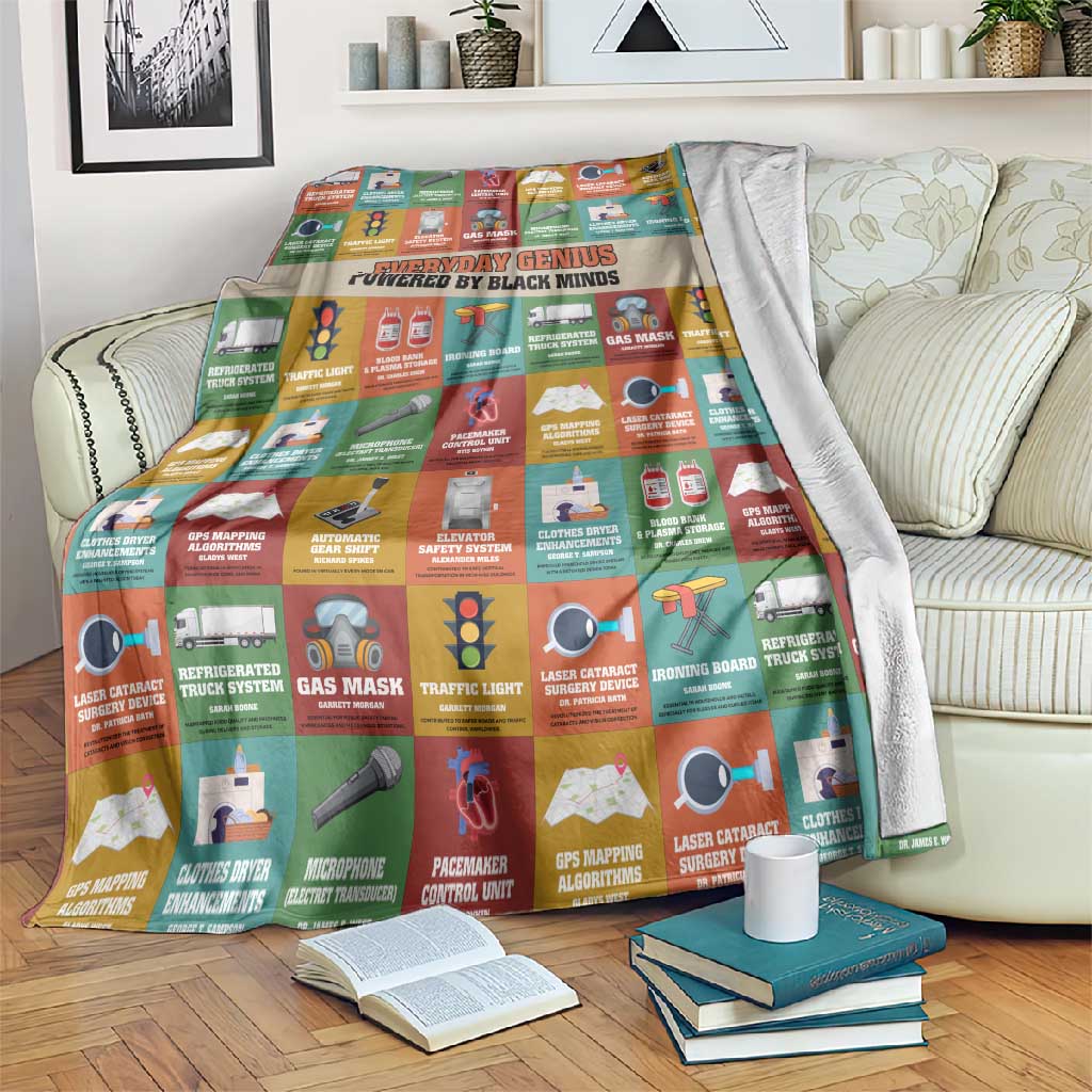 Everyday Genius Powered by Black Minds Blanket with Colorful Invention Icons Pattern - African Pride