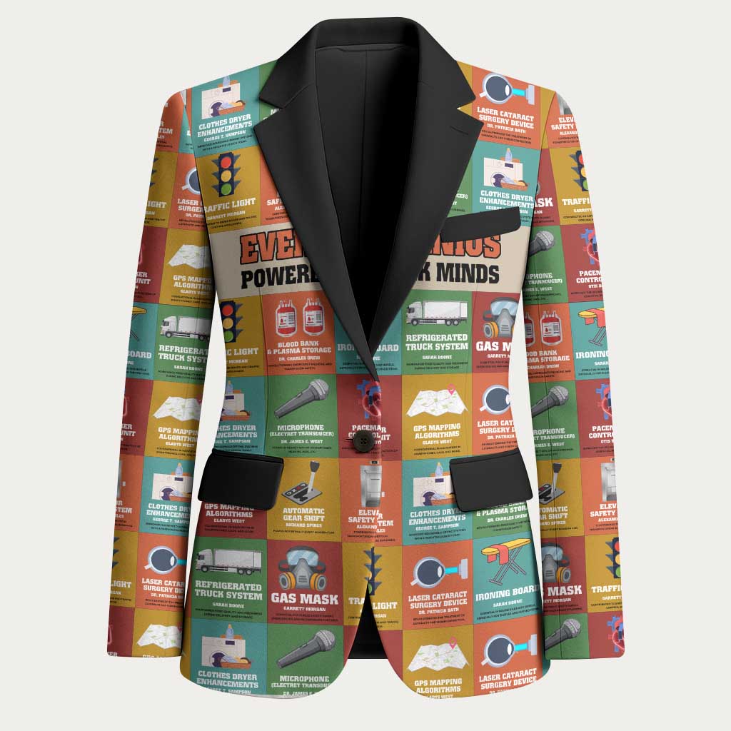 Everyday Genius Powered by Black Minds Blazer with Colorful Invention Icons Pattern - African Pride