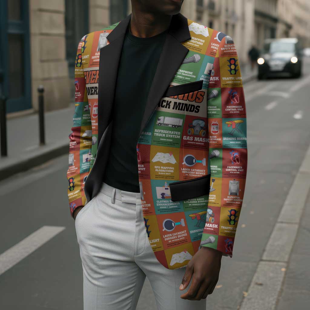 Everyday Genius Powered by Black Minds Blazer with Colorful Invention Icons Pattern - African Pride