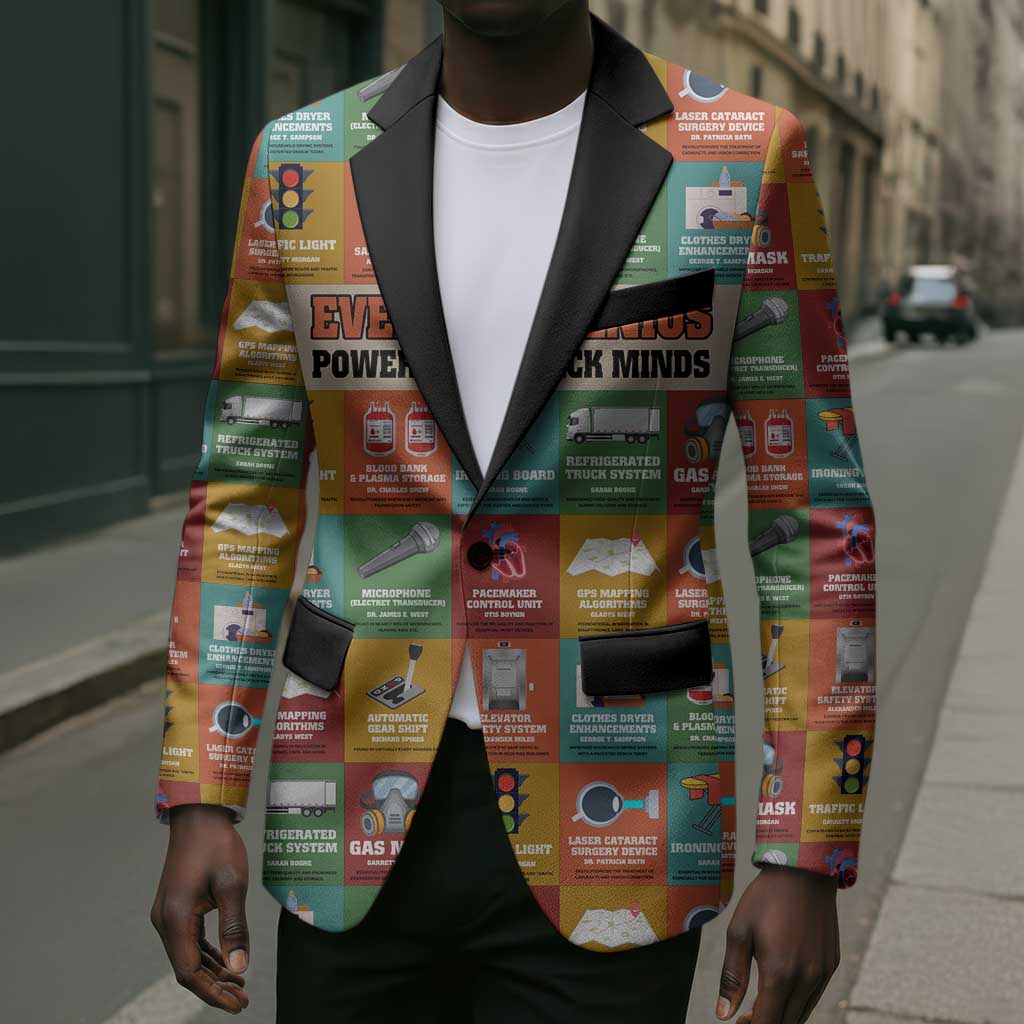 Everyday Genius Powered by Black Minds Blazer with Colorful Invention Icons Pattern - African Pride