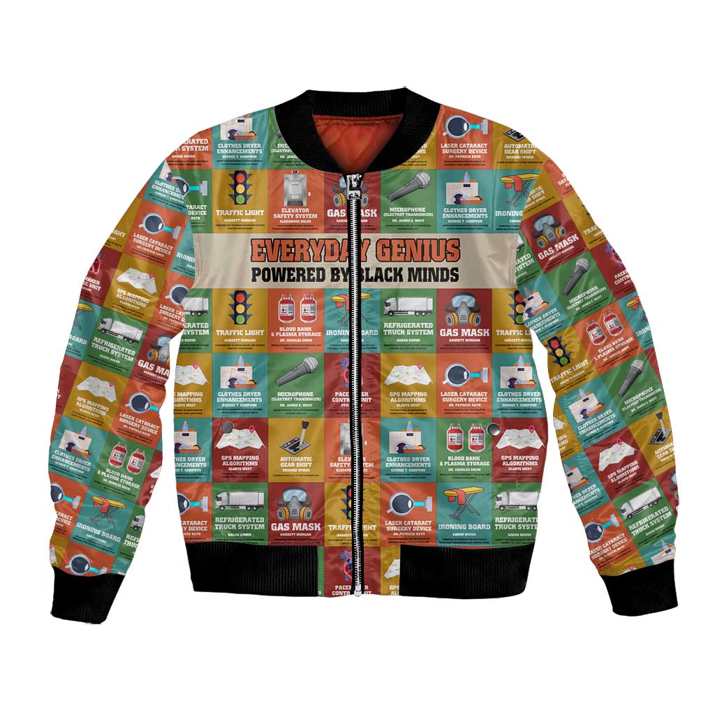 Everyday Genius Powered by Black Minds Bomber Jacket with Colorful Invention Icons Pattern - African Pride