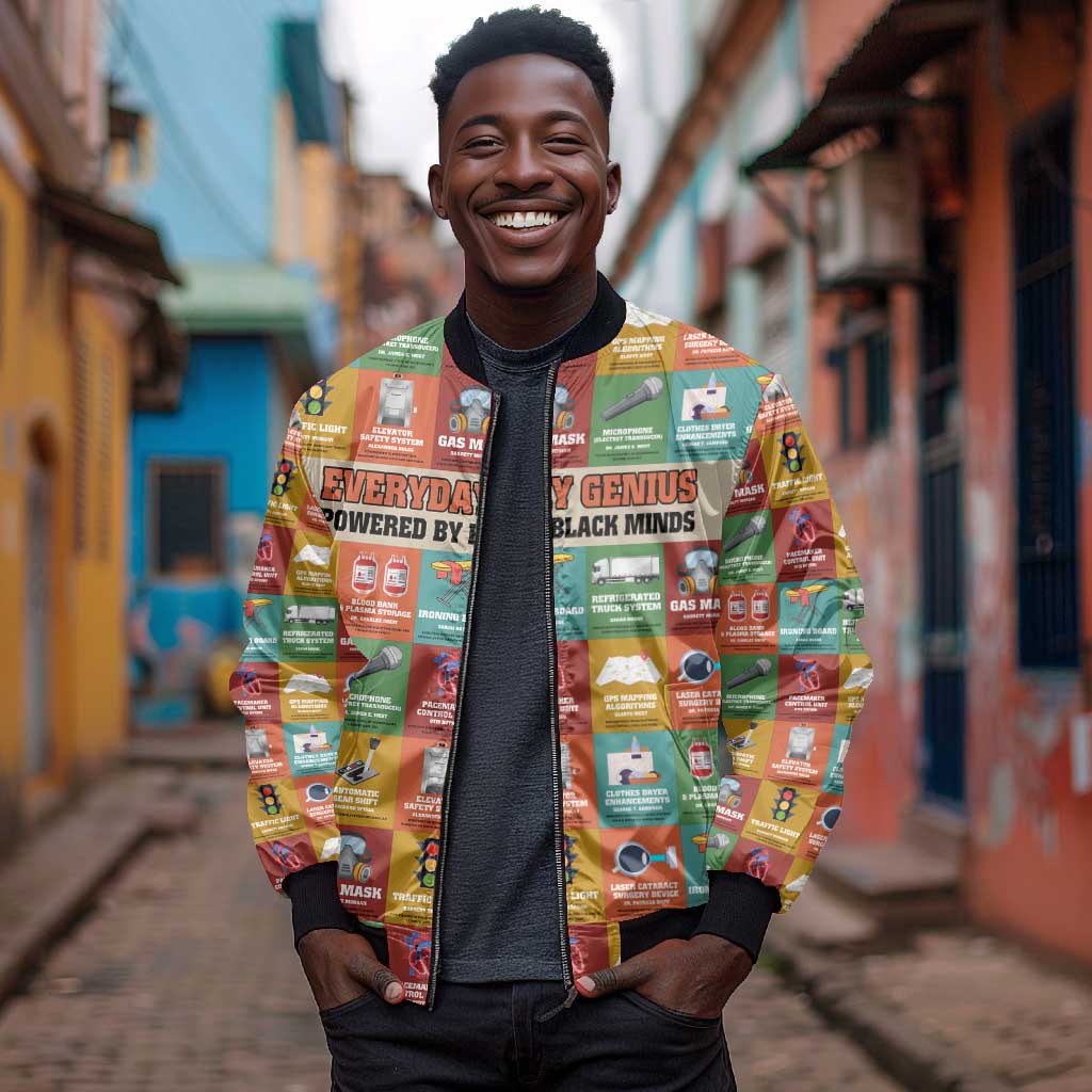 Everyday Genius Powered by Black Minds Bomber Jacket with Colorful Invention Icons Pattern - African Pride