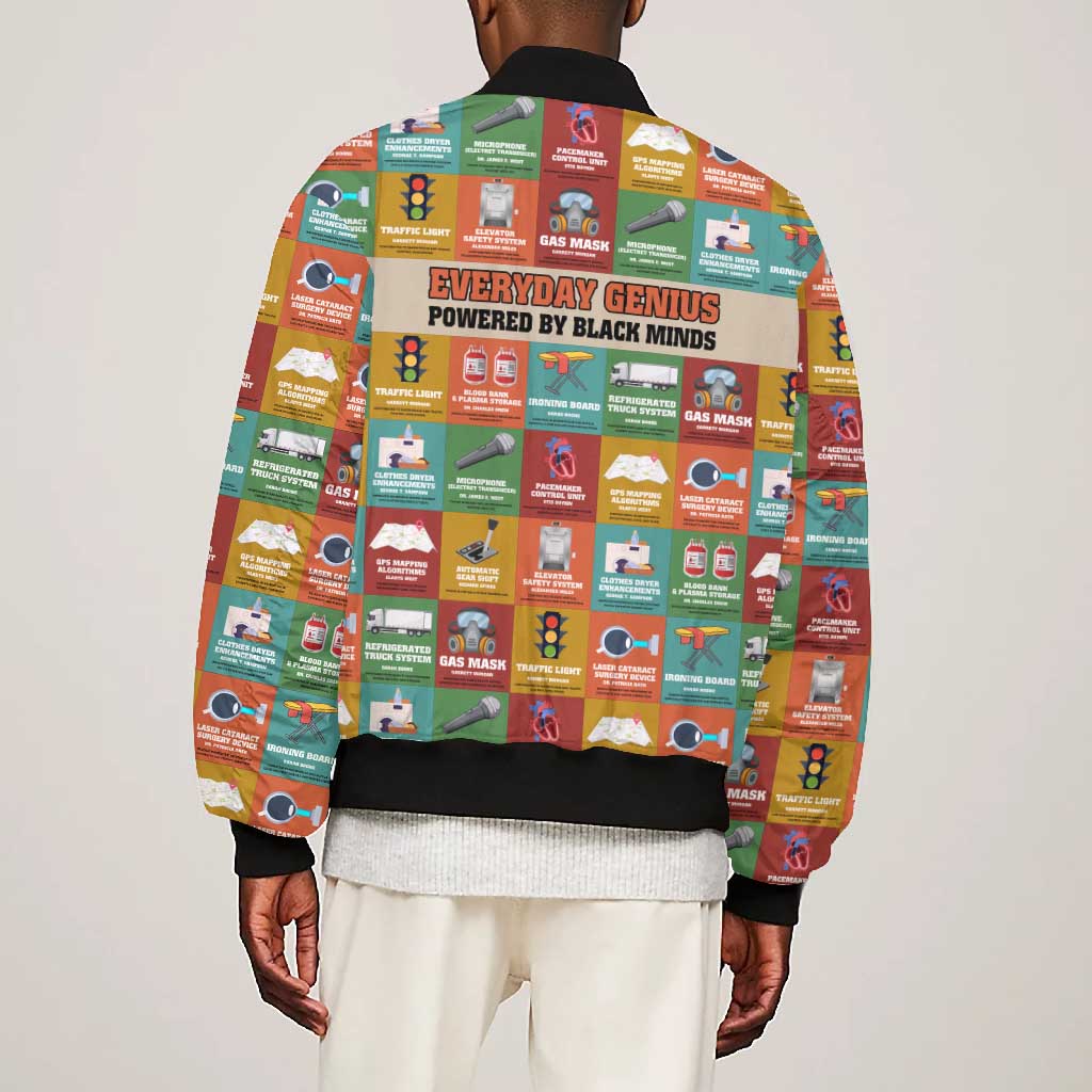 Everyday Genius Powered by Black Minds Bomber Jacket with Colorful Invention Icons Pattern - African Pride