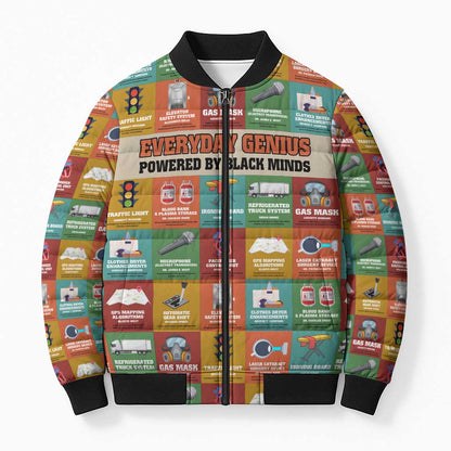 Everyday Genius Powered by Black Minds Bomber Puffer Jacket with Colorful Invention Icons Pattern - African Pride