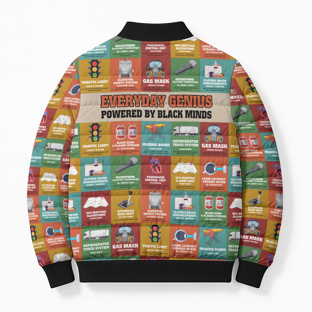 Everyday Genius Powered by Black Minds Bomber Puffer Jacket with Colorful Invention Icons Pattern - African Pride