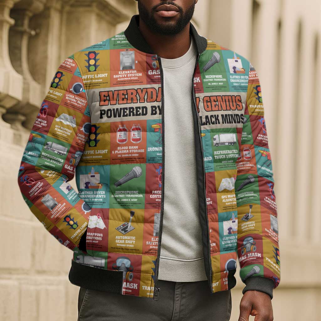 Everyday Genius Powered by Black Minds Bomber Puffer Jacket with Colorful Invention Icons Pattern - African Pride