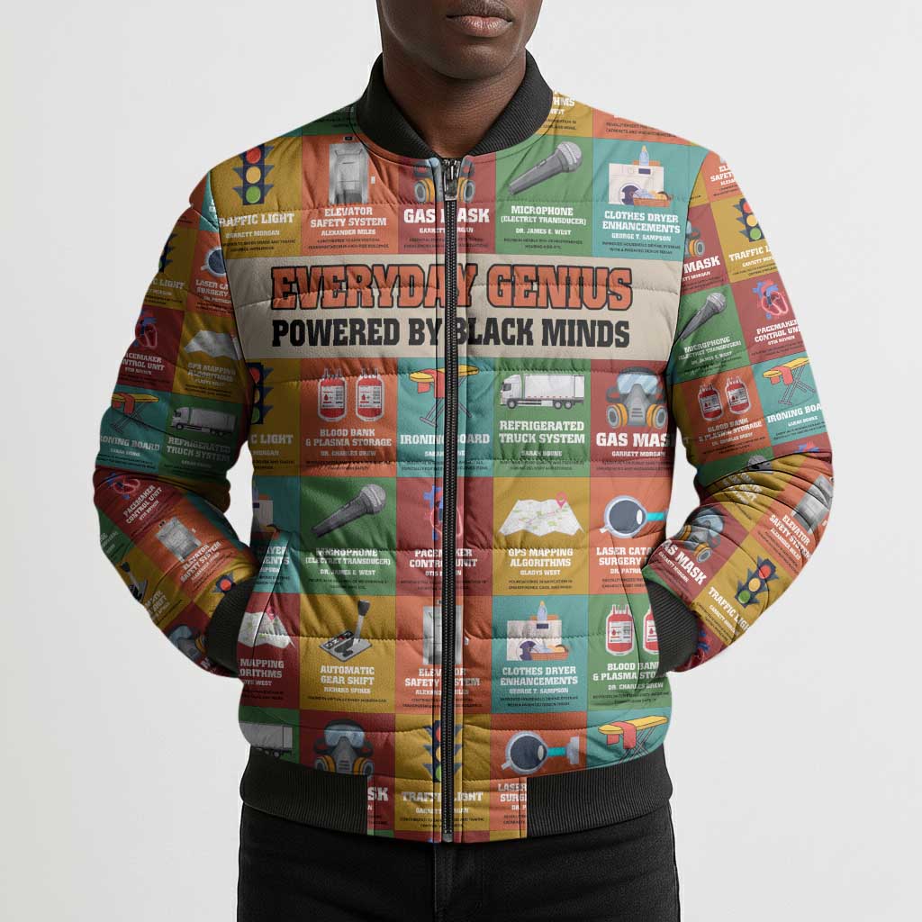 Everyday Genius Powered by Black Minds Bomber Puffer Jacket with Colorful Invention Icons Pattern - African Pride