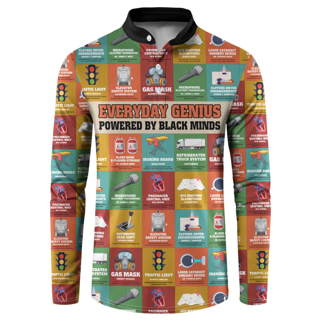 Everyday Genius Powered by Black Minds Button Sweatshirt with Colorful Invention Icons Pattern