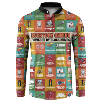 Everyday Genius Powered by Black Minds Button Sweatshirt with Colorful Invention Icons Pattern