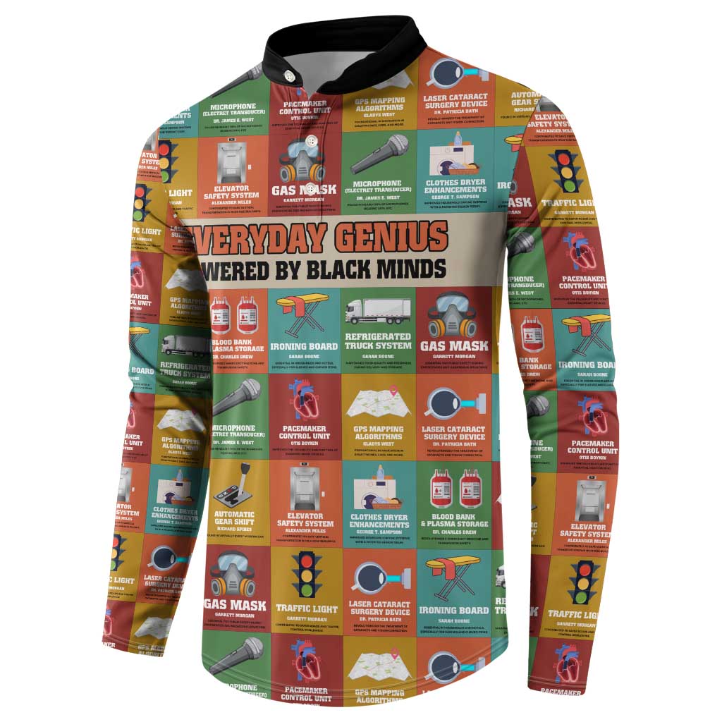 Everyday Genius Powered by Black Minds Button Sweatshirt with Colorful Invention Icons Pattern