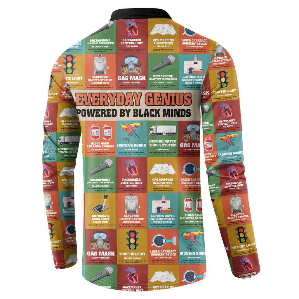 Everyday Genius Powered by Black Minds Button Sweatshirt with Colorful Invention Icons Pattern