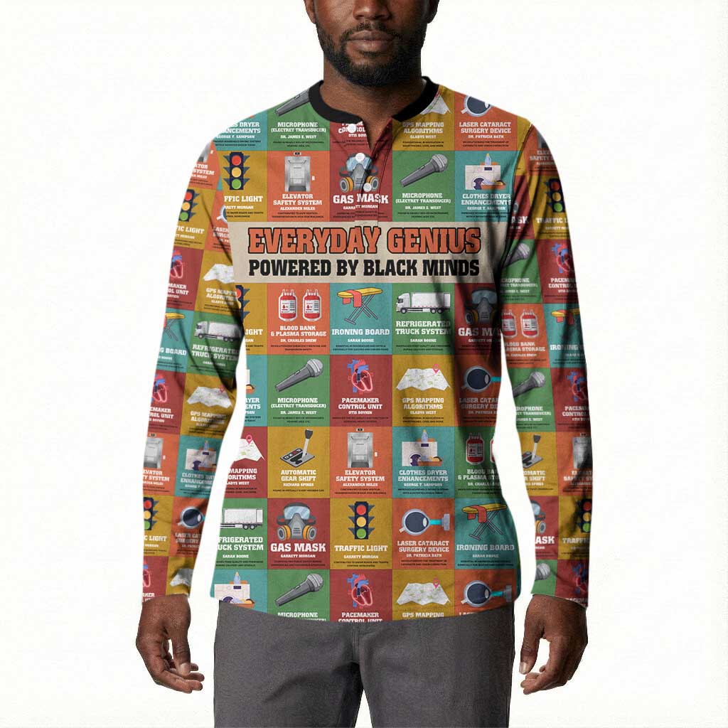 Everyday Genius Powered by Black Minds Button Sweatshirt with Colorful Invention Icons Pattern