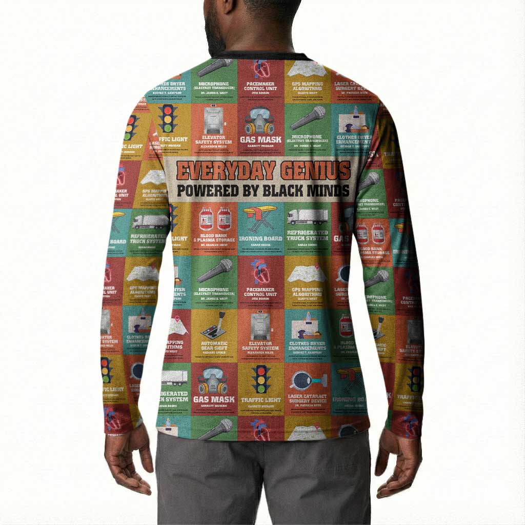 Everyday Genius Powered by Black Minds Button Sweatshirt with Colorful Invention Icons Pattern