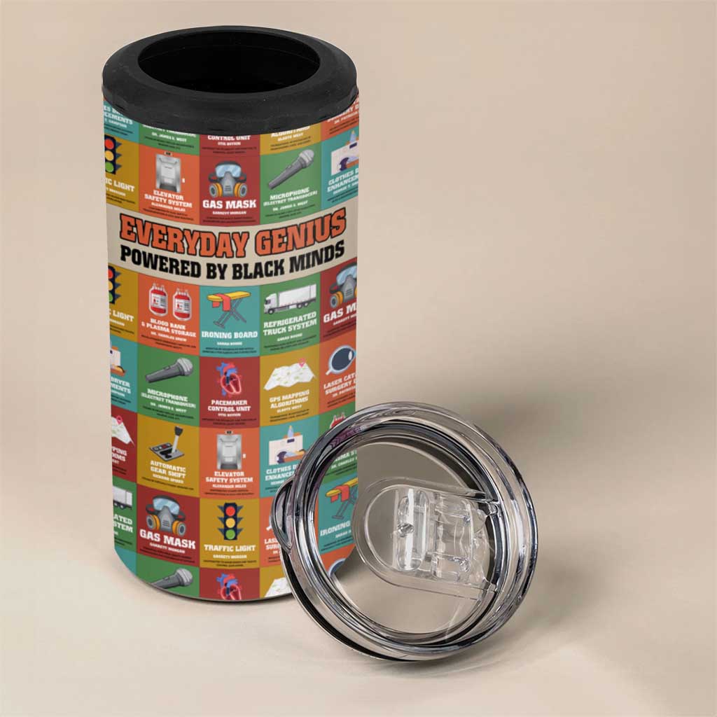 Everyday Genius Powered by Black Minds 4 in 1 Can Cooler Tumbler with Colorful Invention Icons Pattern - African Pride