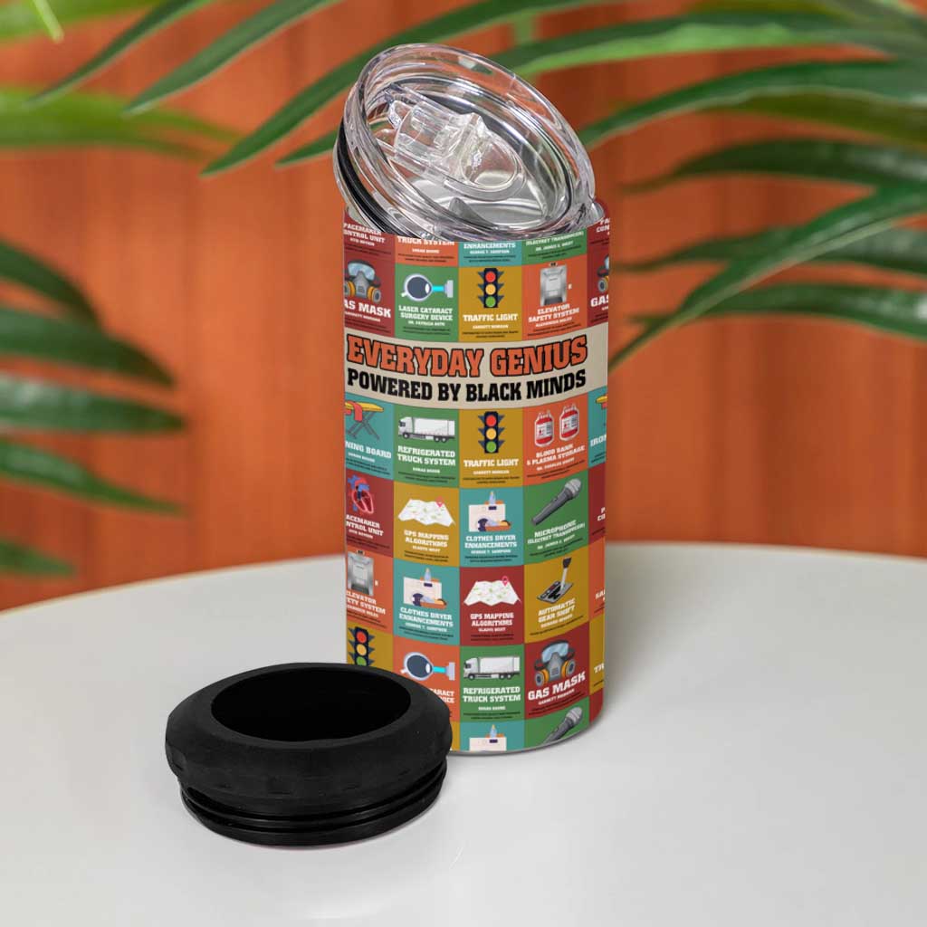 Everyday Genius Powered by Black Minds 4 in 1 Can Cooler Tumbler with Colorful Invention Icons Pattern - African Pride