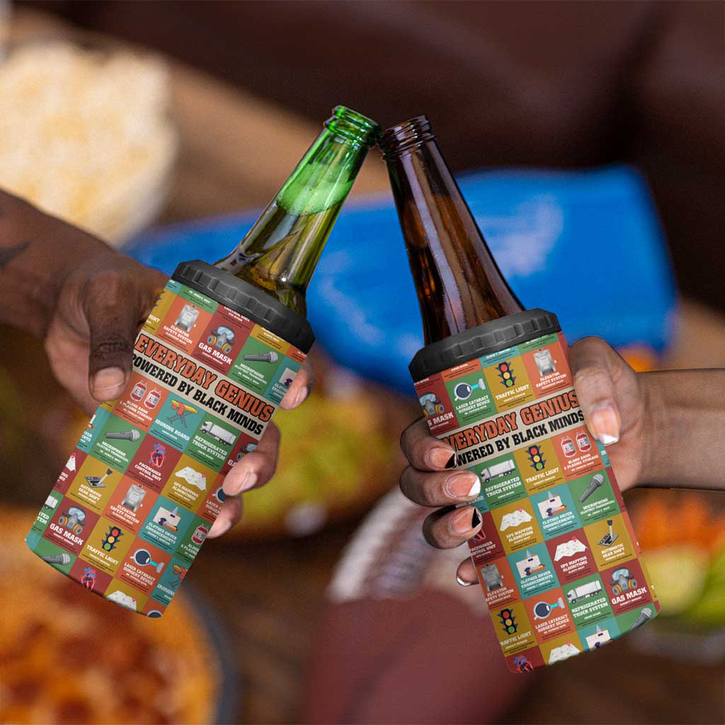 Everyday Genius Powered by Black Minds 4 in 1 Can Cooler Tumbler with Colorful Invention Icons Pattern - African Pride