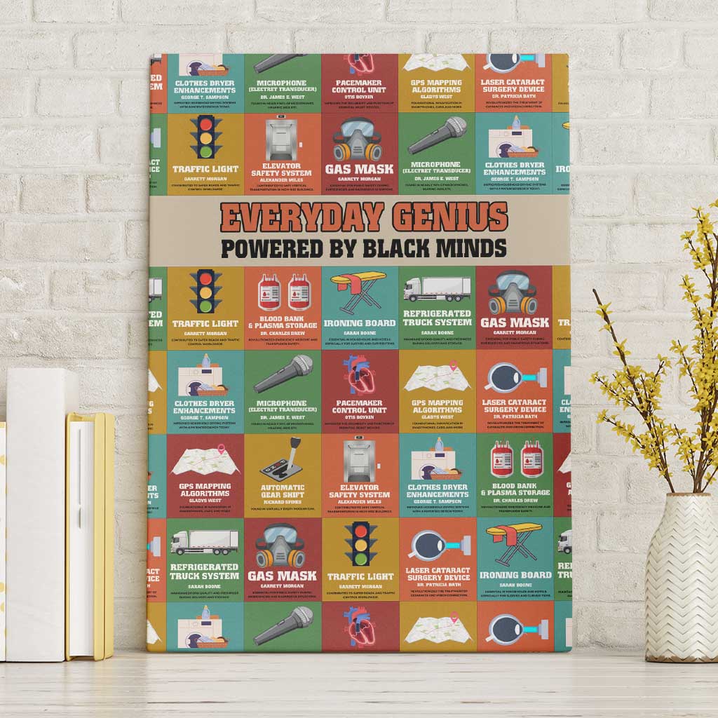 Everyday Genius Powered by Black Minds Canvas Wall Art with Colorful Invention Icons Pattern - African Pride