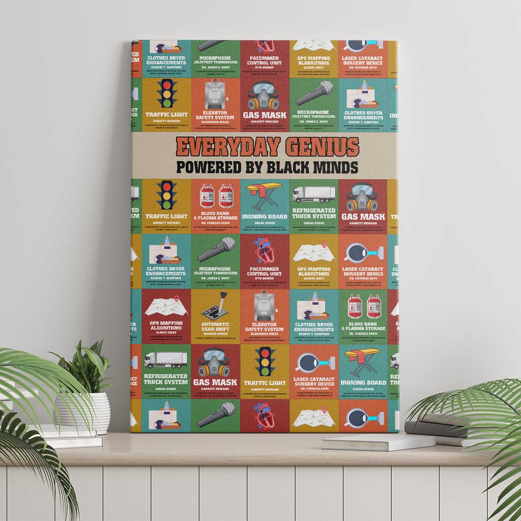 Everyday Genius Powered by Black Minds Canvas Wall Art with Colorful Invention Icons Pattern - African Pride