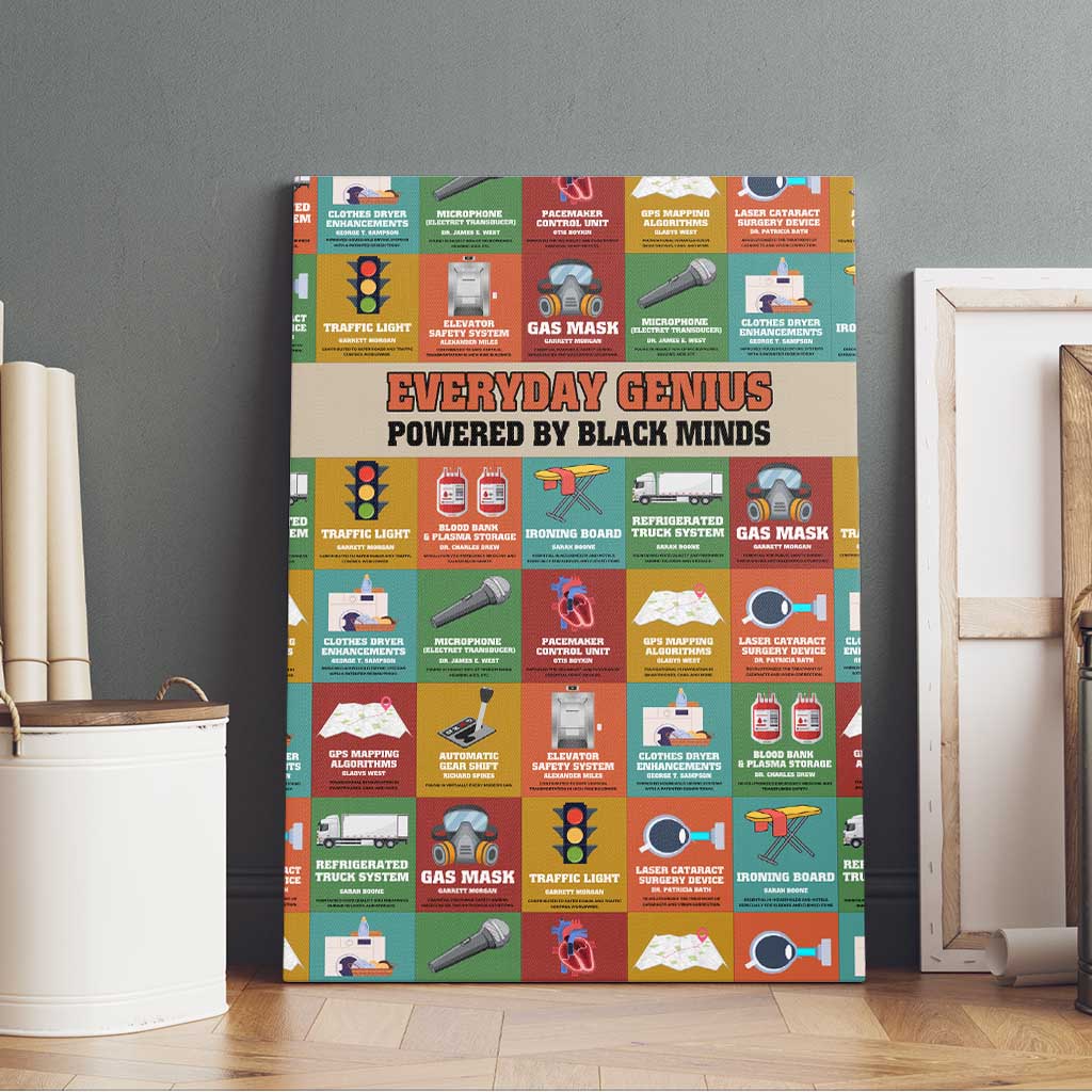 Everyday Genius Powered by Black Minds Canvas Wall Art with Colorful Invention Icons Pattern - African Pride