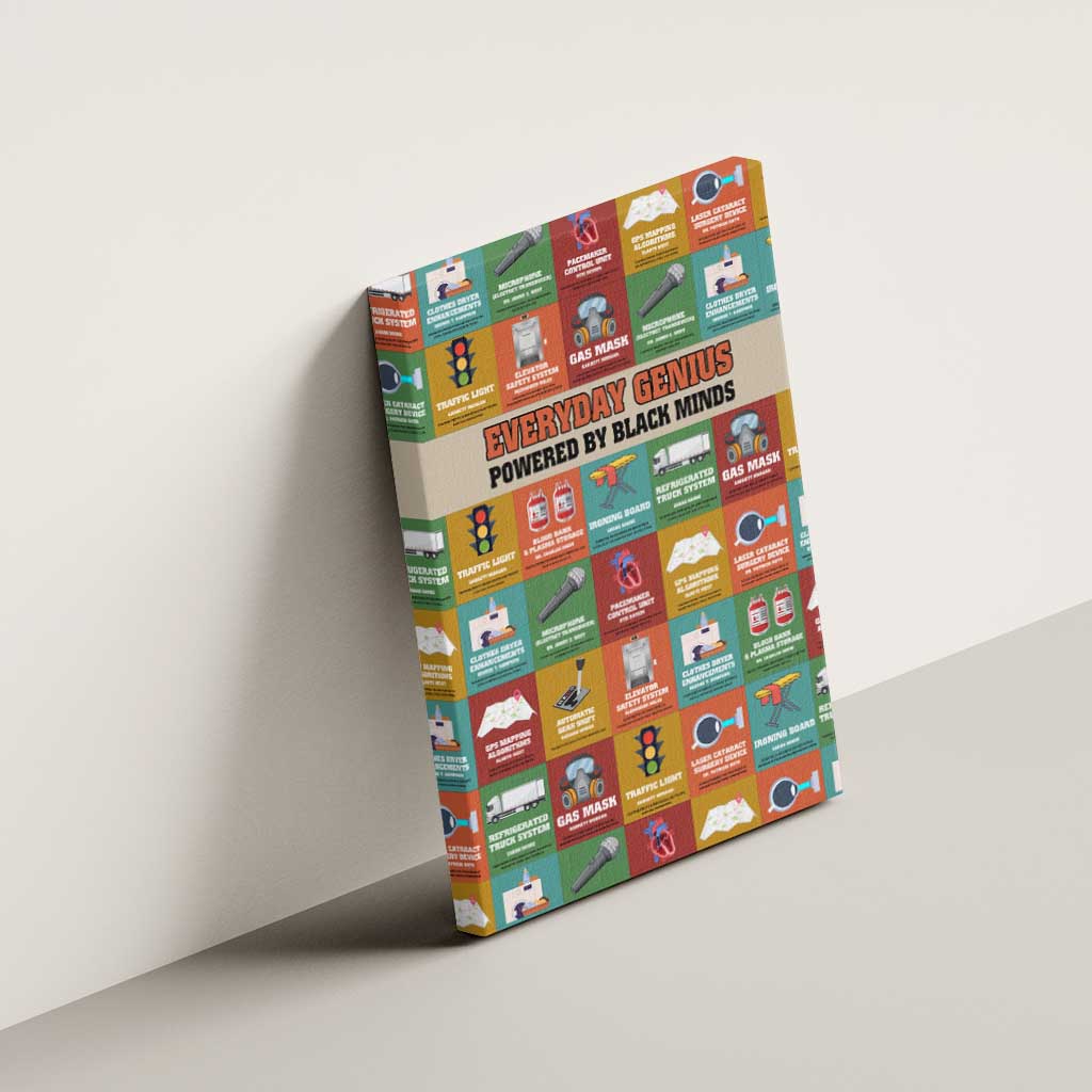 Everyday Genius Powered by Black Minds Canvas Wall Art with Colorful Invention Icons Pattern - African Pride