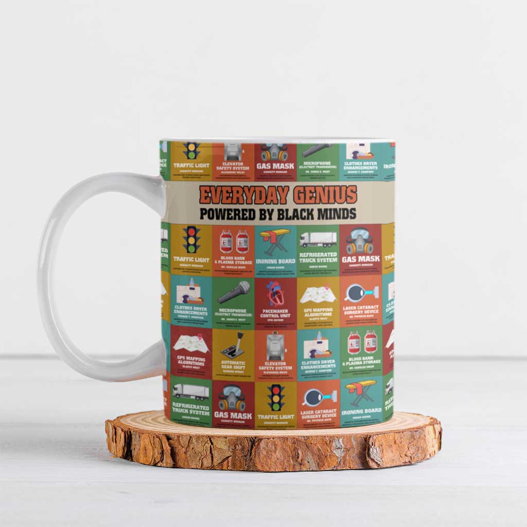 Everyday Genius Powered by Black Minds Ceramic Mug with Colorful Invention Icons Pattern - African Pride