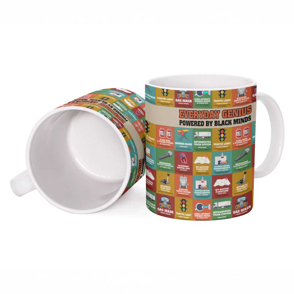 Everyday Genius Powered by Black Minds Ceramic Mug with Colorful Invention Icons Pattern - African Pride