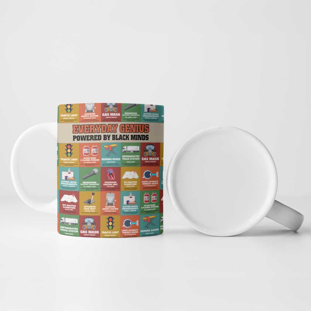 Everyday Genius Powered by Black Minds Ceramic Mug with Colorful Invention Icons Pattern - African Pride