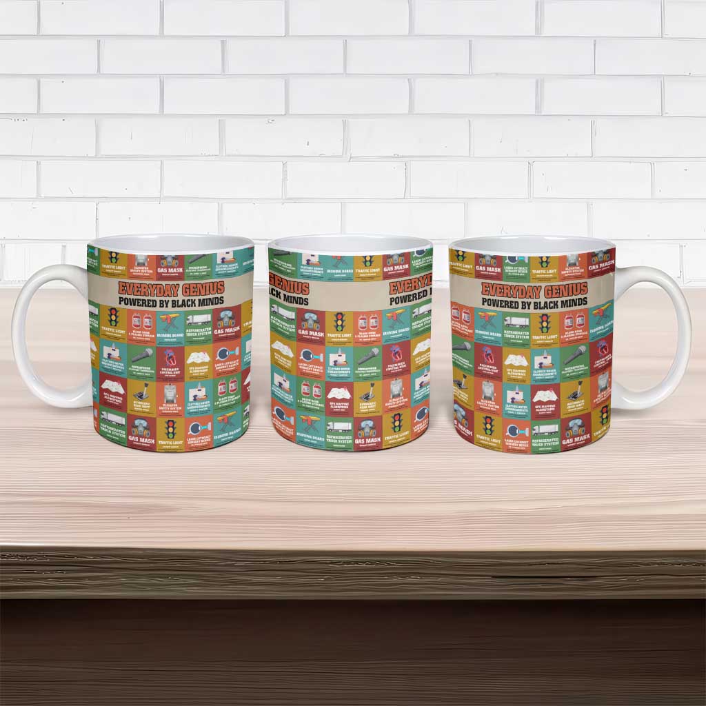 Everyday Genius Powered by Black Minds Ceramic Mug with Colorful Invention Icons Pattern - African Pride