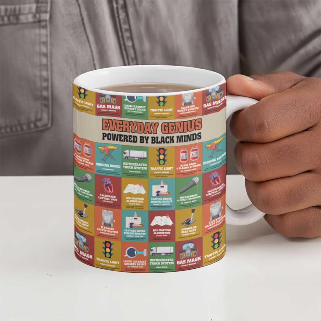 Everyday Genius Powered by Black Minds Ceramic Mug with Colorful Invention Icons Pattern - African Pride