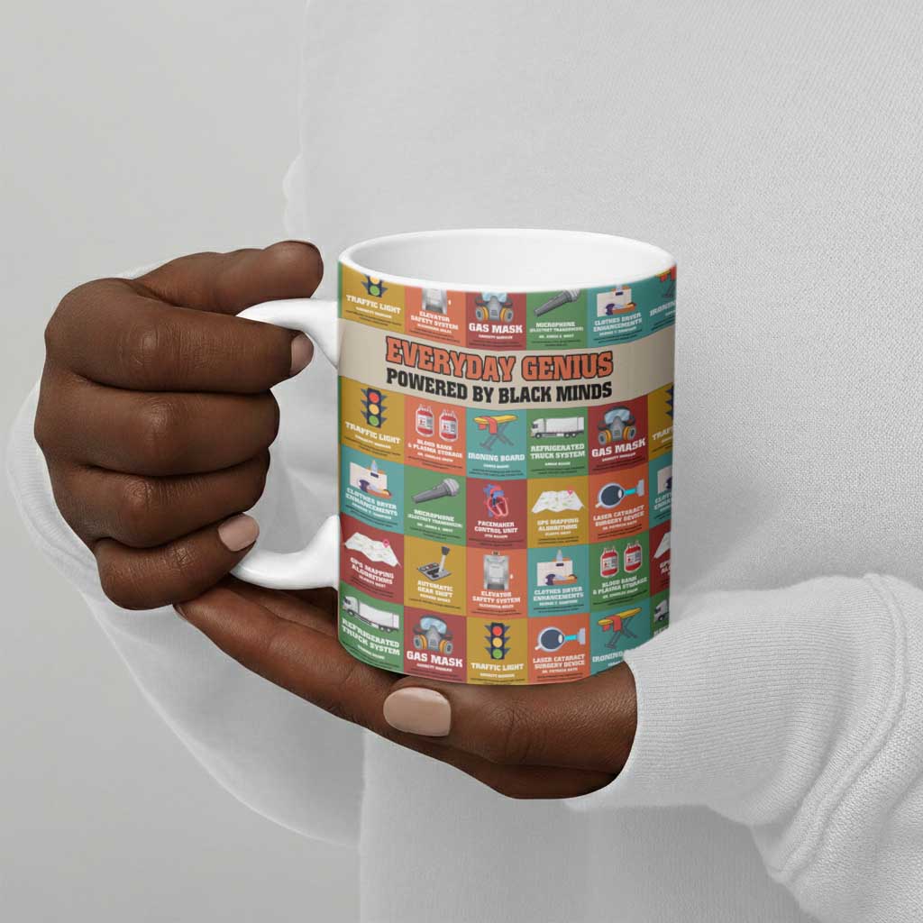 Everyday Genius Powered by Black Minds Ceramic Mug with Colorful Invention Icons Pattern - African Pride