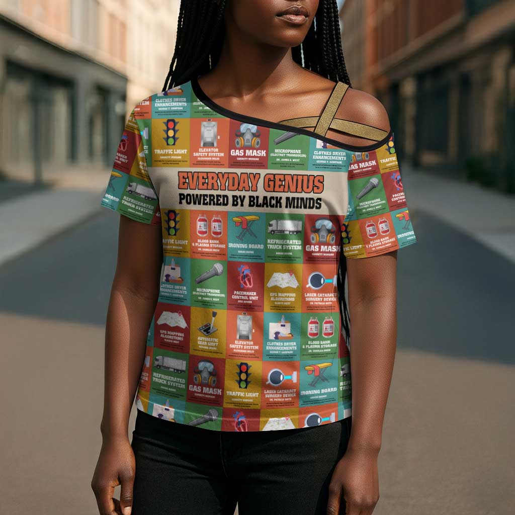 Everyday Genius Powered by Black Minds Cross Shoulder Shirt with Colorful Invention Icons Pattern - African Pride
