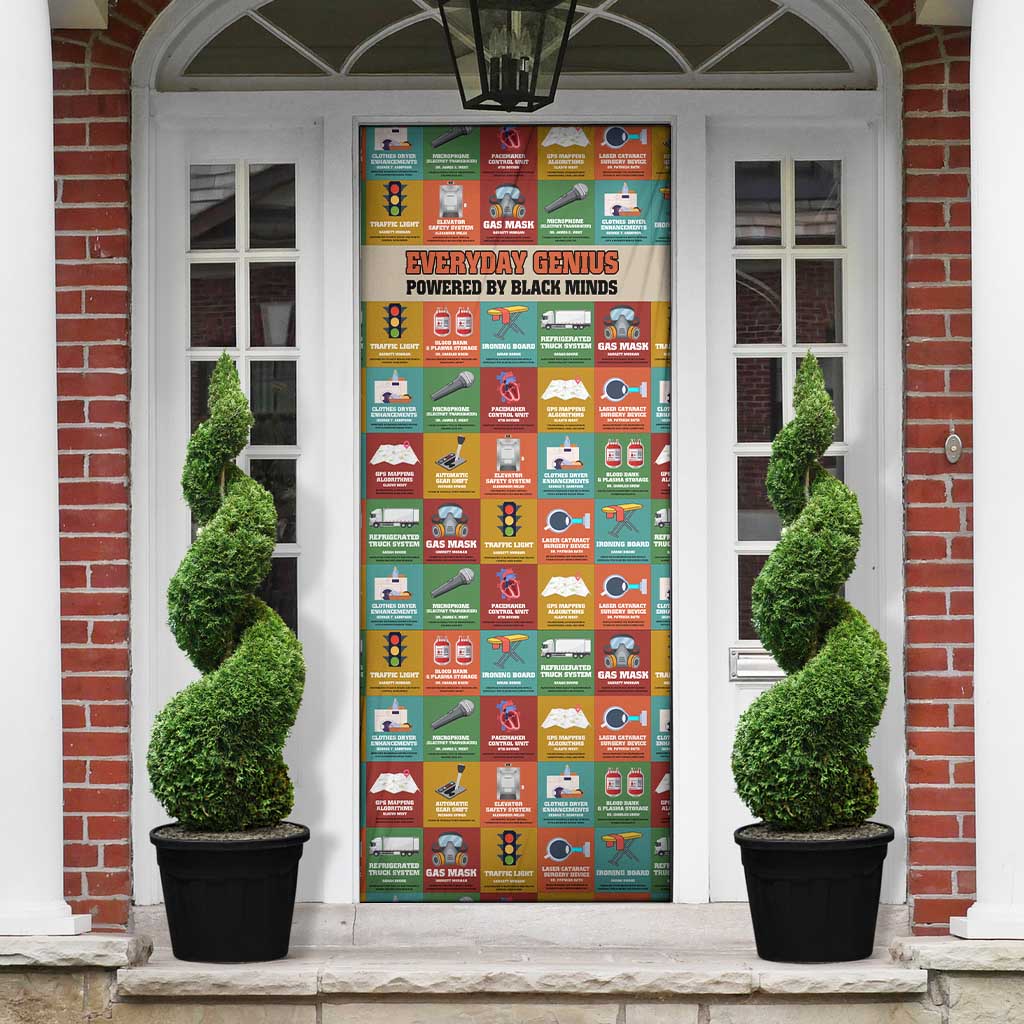 Everyday Genius Powered by Black Minds Door Cover with Colorful Invention Icons Pattern - African Pride