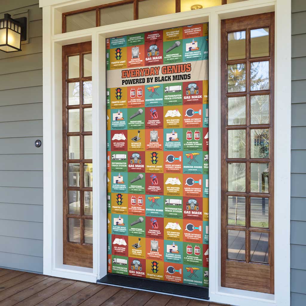 Everyday Genius Powered by Black Minds Door Cover with Colorful Invention Icons Pattern - African Pride