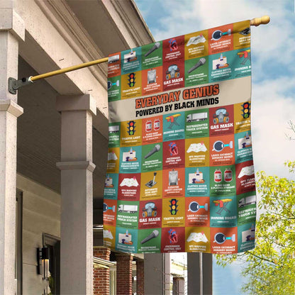 Everyday Genius Powered by Black Minds Garden Flag with Colorful Invention Icons Pattern - African Pride