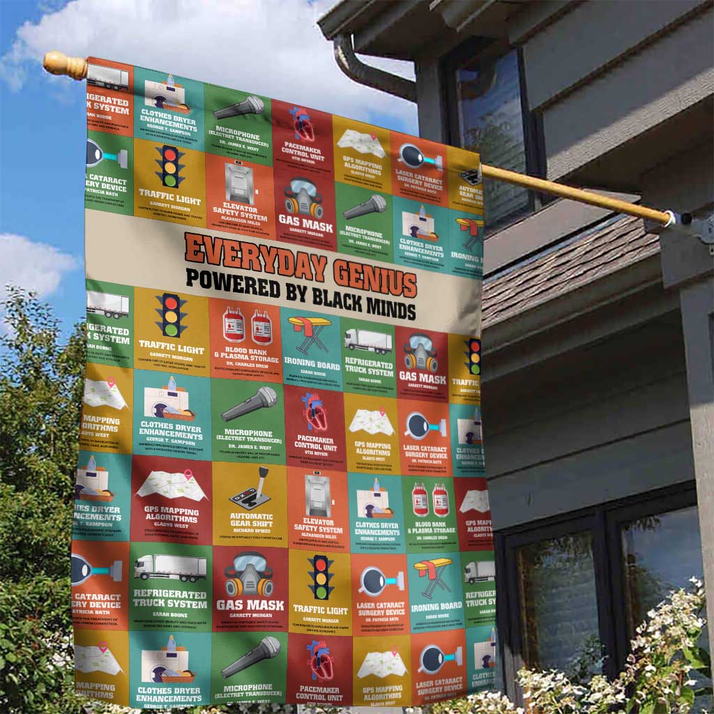 Everyday Genius Powered by Black Minds Garden Flag with Colorful Invention Icons Pattern - African Pride