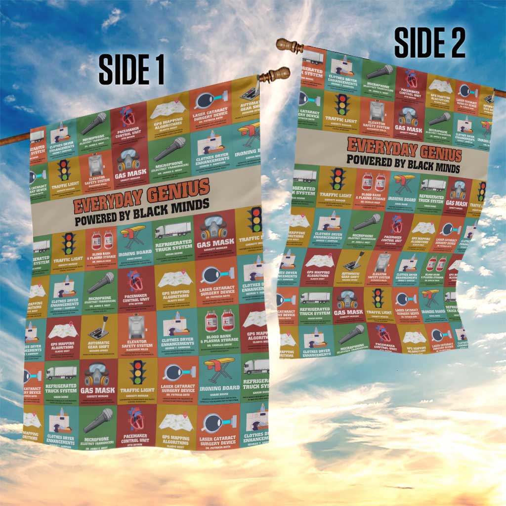 Everyday Genius Powered by Black Minds Garden Flag with Colorful Invention Icons Pattern - African Pride