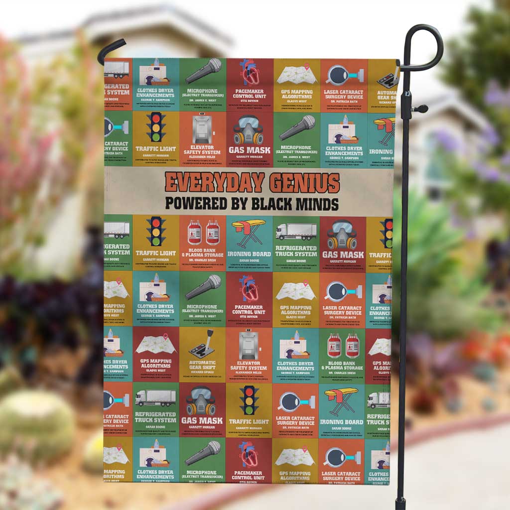 Everyday Genius Powered by Black Minds Garden Flag with Colorful Invention Icons Pattern - African Pride