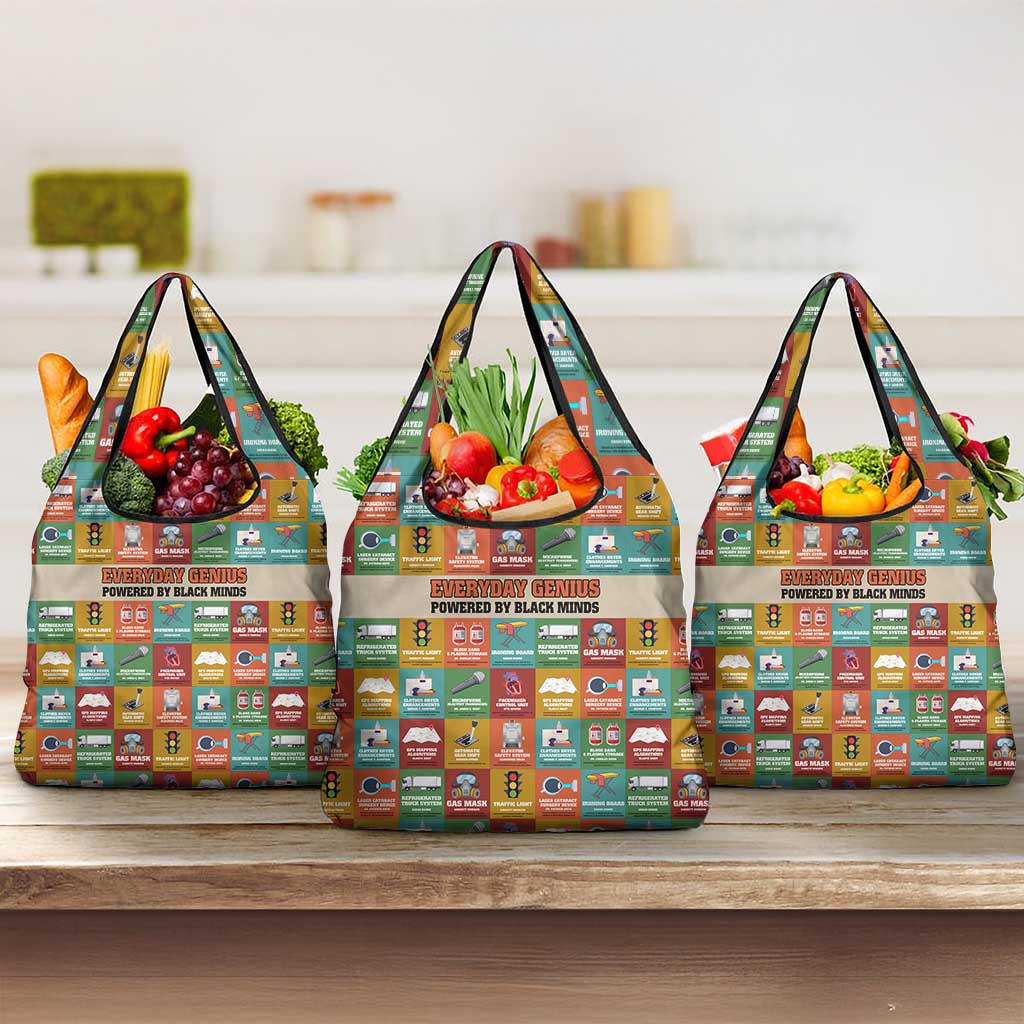 Everyday Genius Powered by Black Minds Grocery Bag with Colorful Invention Icons Pattern - African Pride