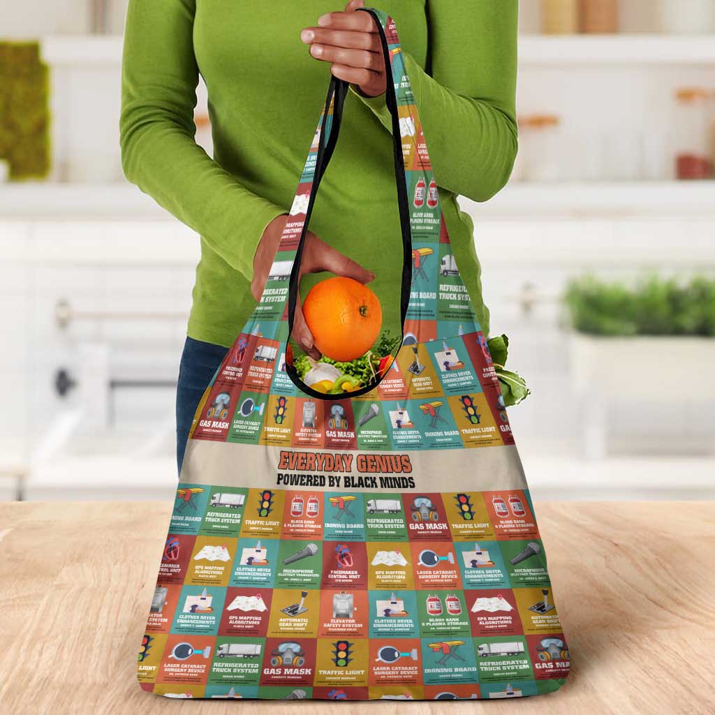 Everyday Genius Powered by Black Minds Grocery Bag with Colorful Invention Icons Pattern - African Pride