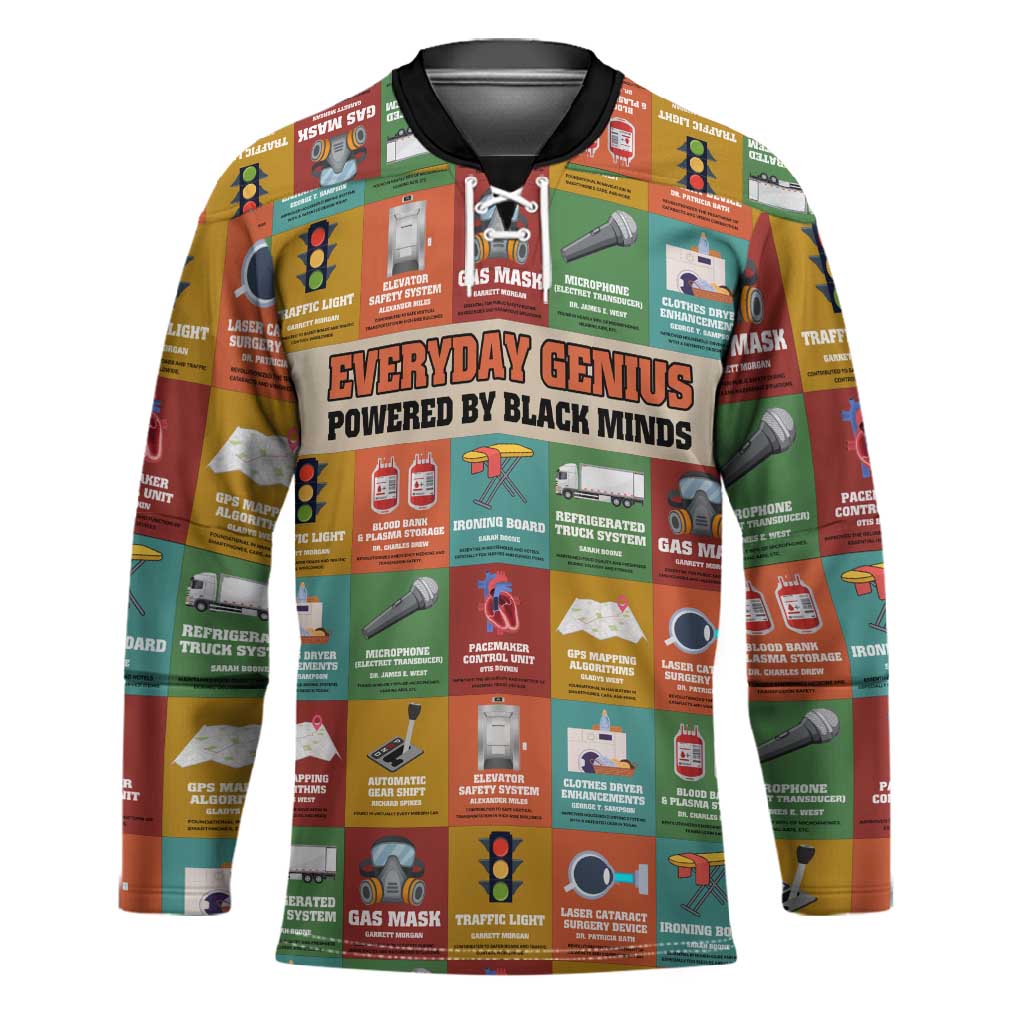 Everyday Genius Powered by Black Minds Hockey Jersey with Colorful Invention Icons Pattern - African Pride